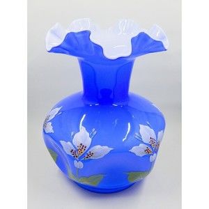 Fenton Blue Overlay Cased Glass White Hand-Painted Flowers Pinched Ruffle Vase